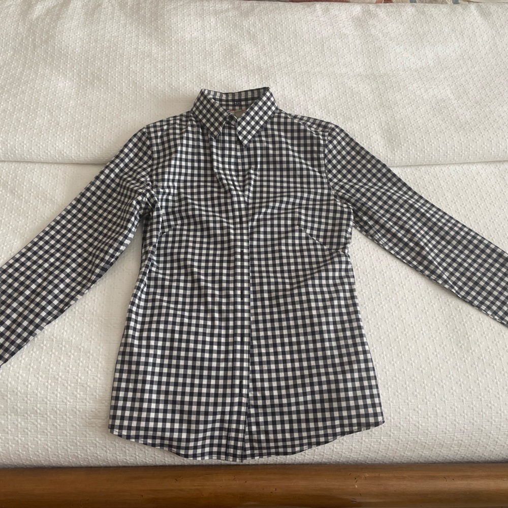 Banana Republic dark blue gingham button down shirt.